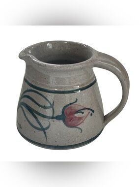 HANDMADE POTTERY PITCHER FLORAL SIGNED